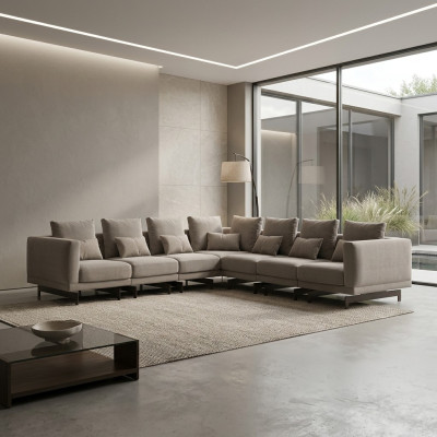 Sofà angolare in tessuto per arredamento con design, completamente nuovo.