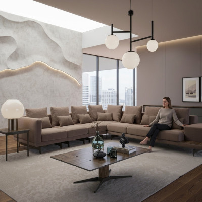 Sofà completo di lusso di design a forma di L in legno nuovo con tavolino.