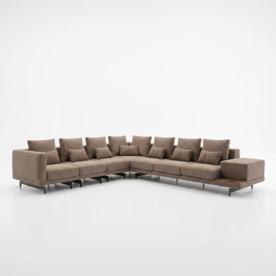Sofà completo di lusso di design a forma di L in legno nuovo con tavolino.