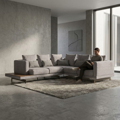 Divano ad angolo a forma di L grigio, design, tessuto di lusso per soggiorno.