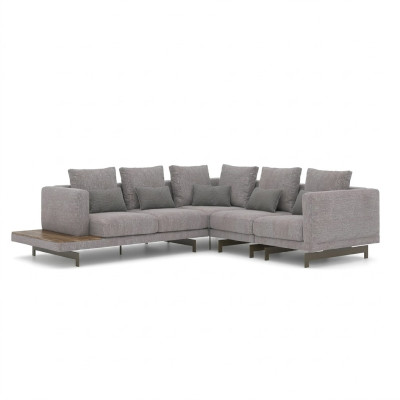 Divano ad angolo a forma di L grigio, design, tessuto di lusso per soggiorno.