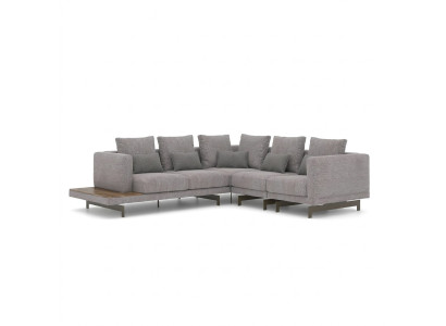 Divano ad angolo a forma di L grigio, design, tessuto di lusso per soggiorno.