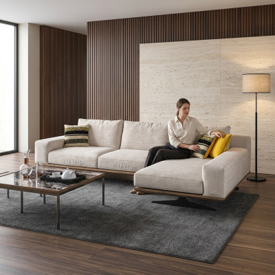 Divano in tessuto di lusso per il soggiorno a forma di L con design, 2 tavolini.