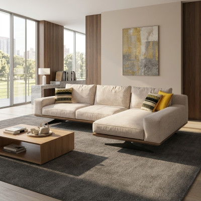 Divano in tessuto di lusso per il soggiorno a forma di L con design, 2 tavolini.