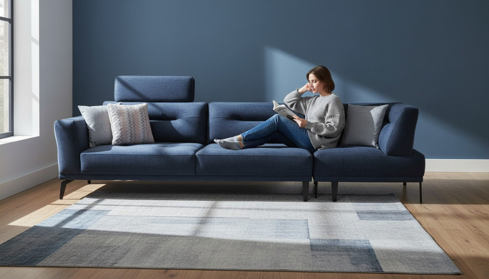 Divano moderno di lusso in tessuto blu per il soggiorno con posti a sedere 4. Design moderno.