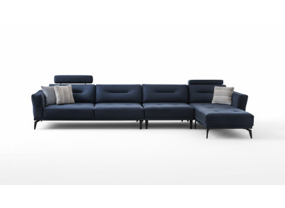 Soggiorno massiccio a forma di L, divano angolare blu scuro design moderno di lusso.   Salotto massiccio a forma di L, divano angolare blu scuro dal design moderno di lusso.