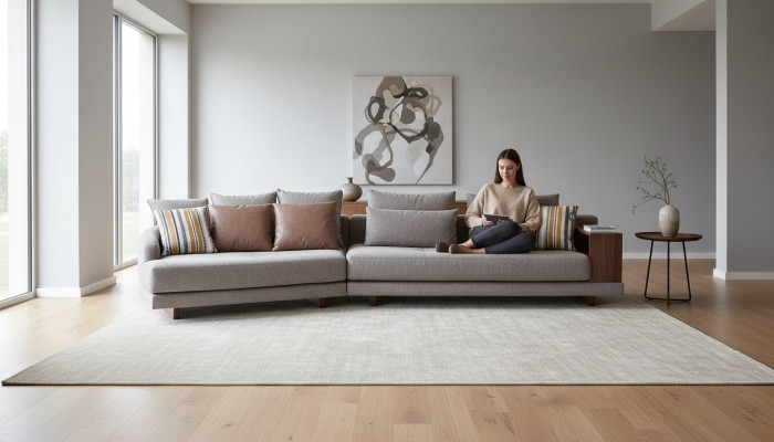 Divano in tessuto grigio per soggiorno d'arredamento massiccio a 5 posti, design elegante e moderno.