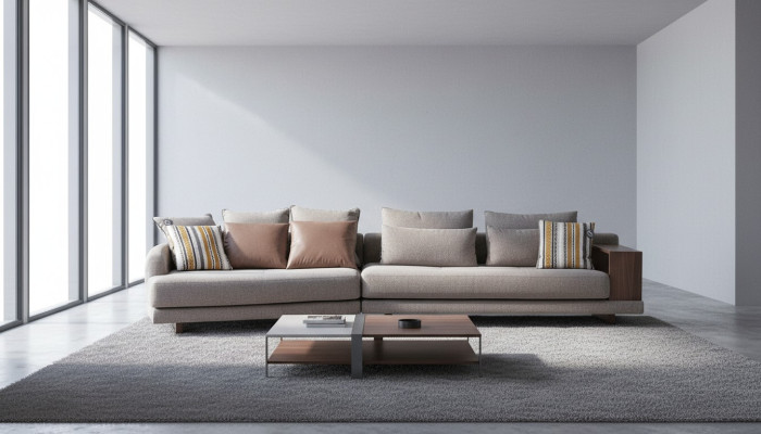 Divano in tessuto grigio per soggiorno d'arredamento massiccio a 5 posti, design elegante e moderno.