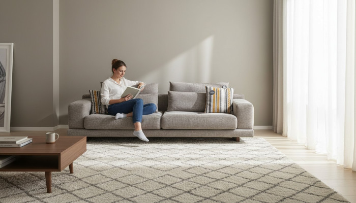 Divano moderno a 3 posti di stile designer per soggiorno in tessuto con cuscini e cuscini per lo schienale
