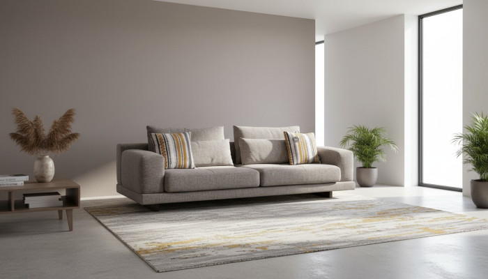 Divano moderno a 3 posti di stile designer per soggiorno in tessuto con cuscini e cuscini per lo schienale