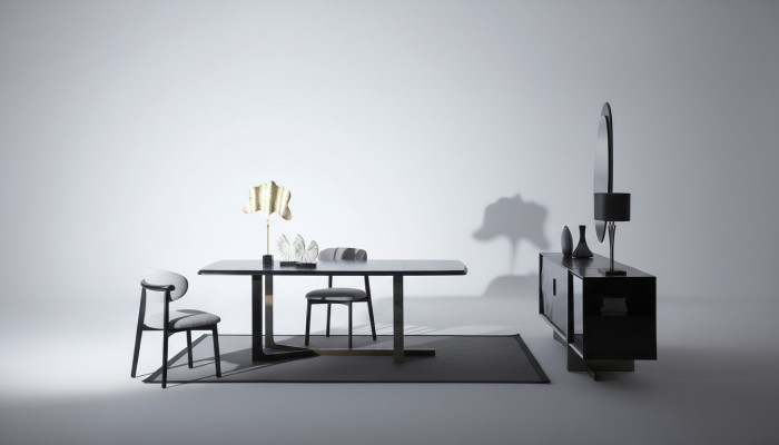 Sala da pranzo set 7 pezzi Tavolo da pranzo Madia Specchio 4 sedie Design moderno  Sala da pranzo set 7 pezzi Tavolo da pranzo Madia Specchio 4 sedie Design moderno