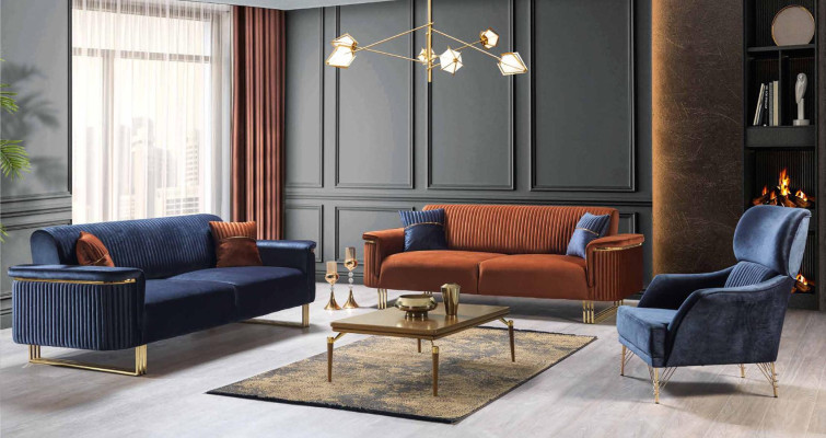 Sofà in stoffa di lusso a 3 posti per il salotto blu, elegante arredamento imbottito.