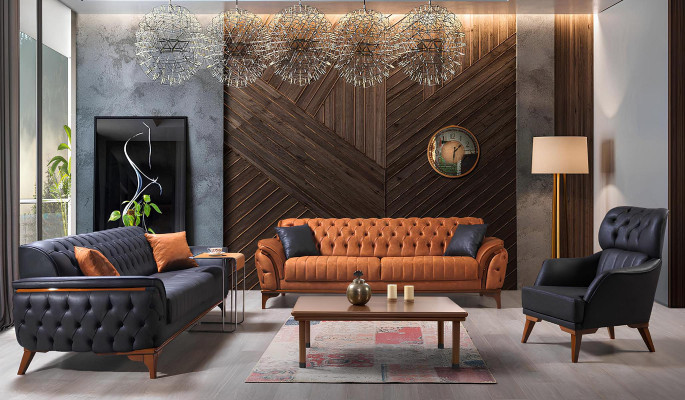 Lussuoso divano Chesterfield blu moderno a tre posti di lusso