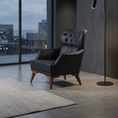 Poltrona Chesterfield nera da designer per soggiorno monoposto con schienale.