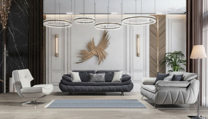 Set soggiorno 3 pezzi Nero Bianco 2x divani con poltrona Design moderno Tessuto