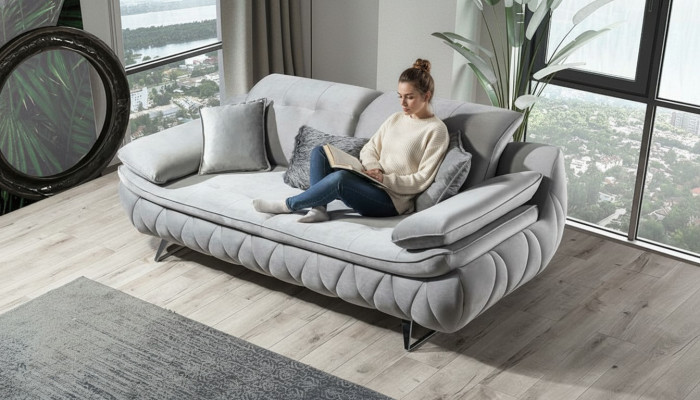 Grigio design moderno di lusso divano a tre posti in stoffa per soggiorno materiale tessile