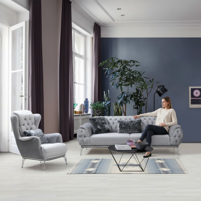 Set soggiorno 2 pezzi. Divano con poltrona design Chesterfield moderno in tessuto.