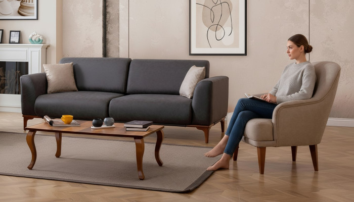 Salotto design nero-beige composto da divano a 3 posti e poltrona con schienale. Set da 2 pezzi.