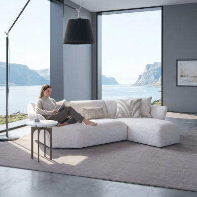 Divano design, bianco, arredamento soggiorno, divano ad angolo in formato L, imbottiti.