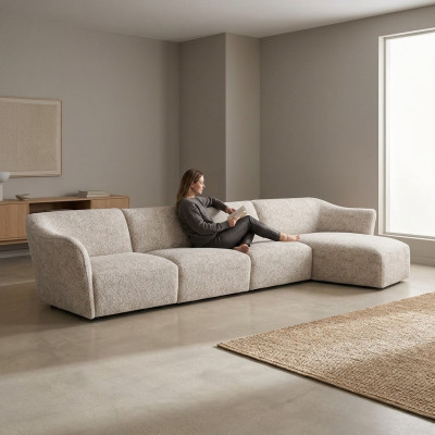 Divano soggiorno angolare design a forma di L, rivestimento bianco lussuoso.