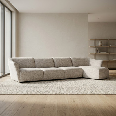 Divano soggiorno angolare design a forma di L, rivestimento bianco lussuoso.