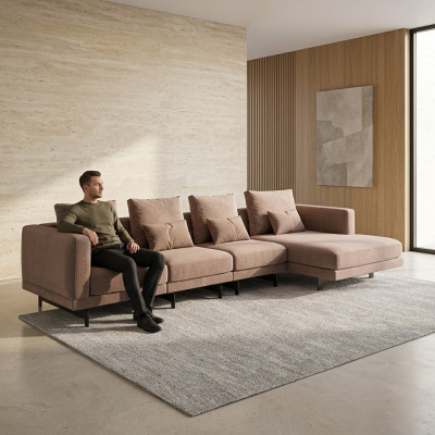 Mobili imbottiti beige di lusso, set da salotto ad angolo, divano ad angolo forma L, arredamento design.