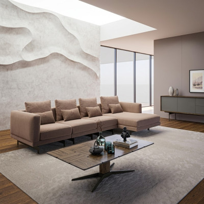 Mobili imbottiti beige di lusso, set da salotto ad angolo, divano ad angolo forma L, arredamento design.