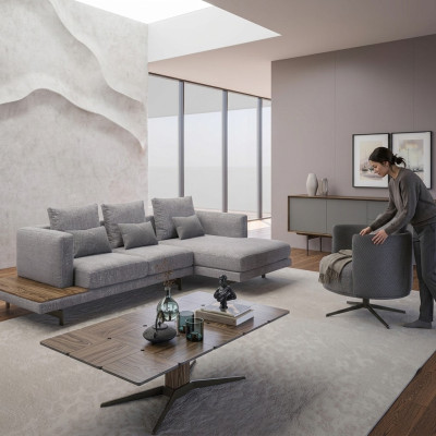 Set divano soggiorno 3 pezzi in tessuto sofa angolare poltrona legno tavolino