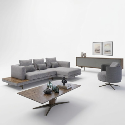 Set divano soggiorno 3 pezzi in tessuto sofa angolare poltrona legno tavolino