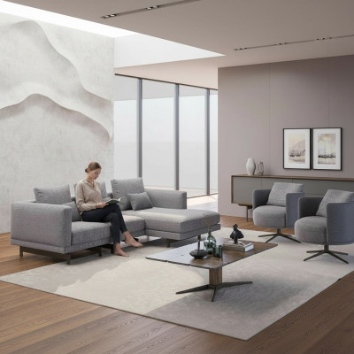 Soggiorno completo 4 pezzi, 2x poltrona con divano ad angolo a forma di L, tavolino da caffè in legno di design
