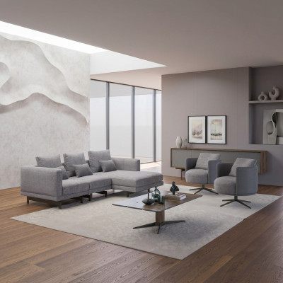 Soggiorno completo 4 pezzi, 2x poltrona con divano ad angolo a forma di L, tavolino da caffè in legno di design