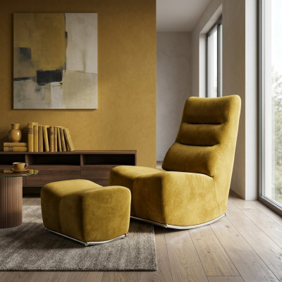 Giallo lusso completo poltrona con poggiapiedi, arredamento soggiorno tessuto design.