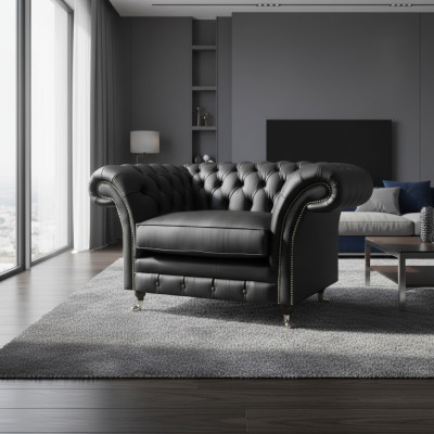 Moderno divano Chesterfield in tessuto per il soggiorno con sedili imbottiti.