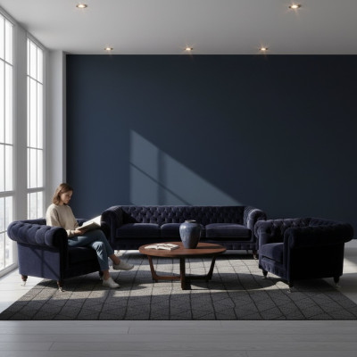 Set da divano di lusso composto da 3 pezzi per il soggiorno, arredamento, mobili imbottiti in stile Chesterfield.