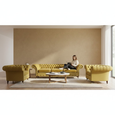 Giallo set di divani per soggiorno completo 3 pezzi in tessuto poltrone nuove Chesterfield