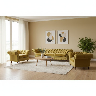 Giallo set di divani per soggiorno completo 3 pezzi in tessuto poltrone nuove Chesterfield