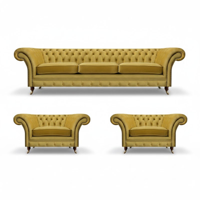 Giallo set di divani per soggiorno completo 3 pezzi in tessuto poltrone nuove Chesterfield