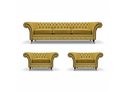 Giallo set di divani per soggiorno completo 3 pezzi in tessuto poltrone nuove Chesterfield