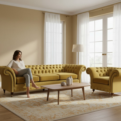 Set di lusso Chesterfield, divano a tre posti con poltrona per il soggiorno