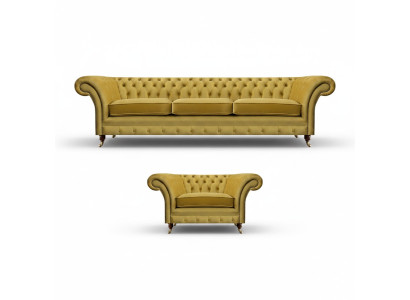 Set di lusso Chesterfield, divano a tre posti con poltrona per il soggiorno