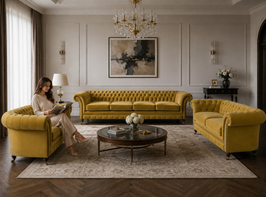 Set di divani Chesterfield giallo lusso per soggiorno, 3 pezzi, poltrona moderna, imbottiti.