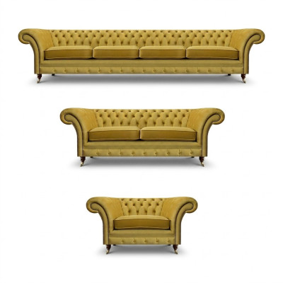 Set di divani Chesterfield giallo lusso per soggiorno, 3 pezzi, poltrona moderna, imbottiti.