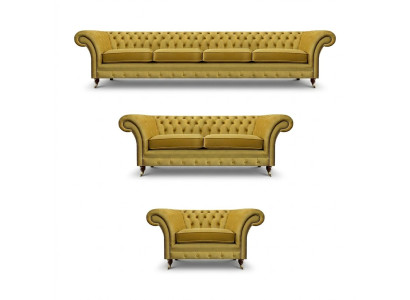 Set di divani Chesterfield giallo lusso per soggiorno, 3 pezzi, poltrona moderna, imbottiti.