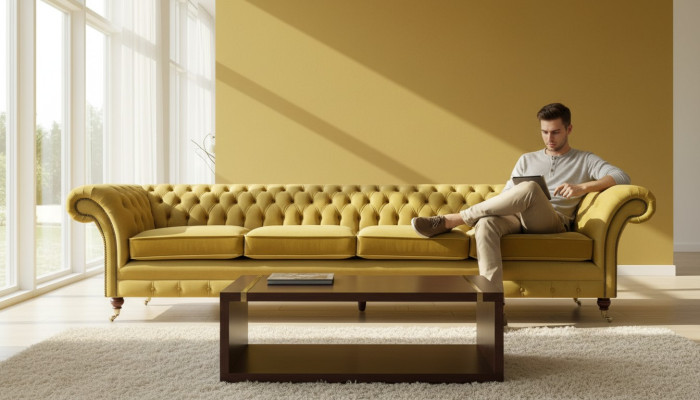 Divano giallo a quattro posti Chesterfield nuovi per il soggiorno.