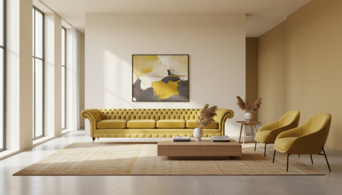 Divano giallo a quattro posti Chesterfield nuovi per il soggiorno.