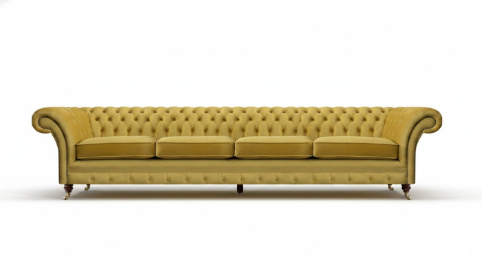 Divano giallo a quattro posti Chesterfield nuovi per il soggiorno.