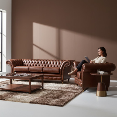 Braun set di 2 pezzi divano a tre posti in pelle poltrona Chesterfield soggiorno