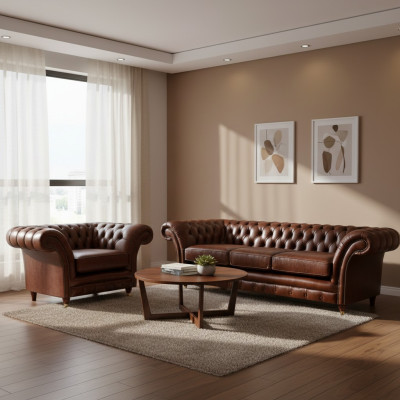 Braun set di 2 pezzi divano a tre posti in pelle poltrona Chesterfield soggiorno