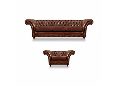 Braun set di 2 pezzi divano a tre posti in pelle poltrona Chesterfield soggiorno
