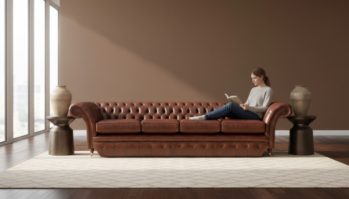 Divano marrone Chesterfield a quattro posti, nuovo arredo per il soggiorno.